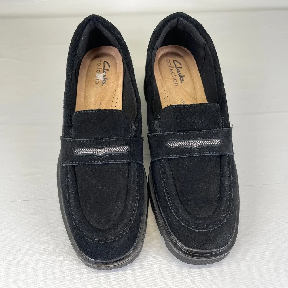 Clarks Lauryl Step Shoes Womens Size 7.5 M Black Suede Slip On Penny Loafers